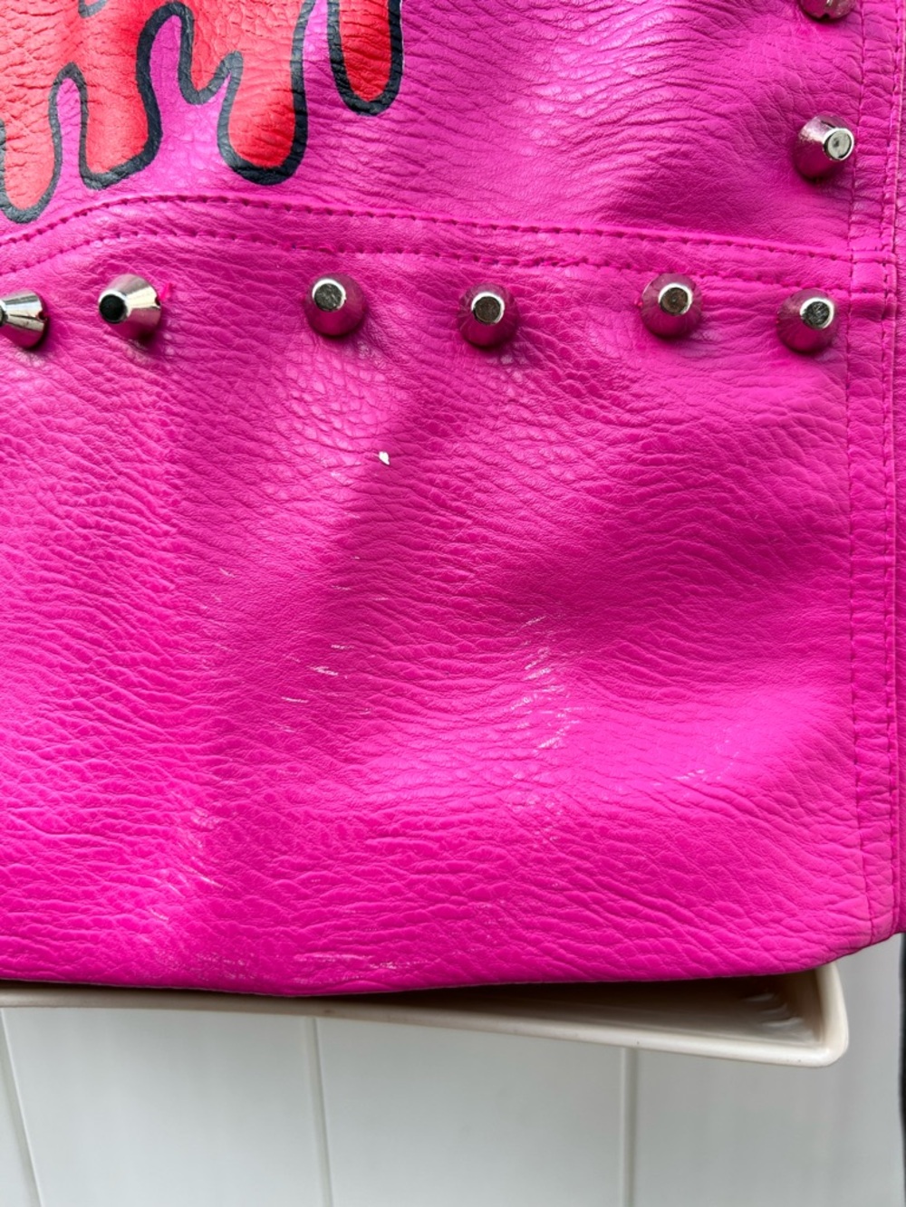 Street Punk Pleather Studded Black & Pink Graphic Biker Moto Jacket | Size XL - Picture 12 of 14